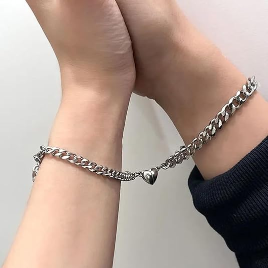 Stainless Steel Silver Heart Bracelet Set for Couple