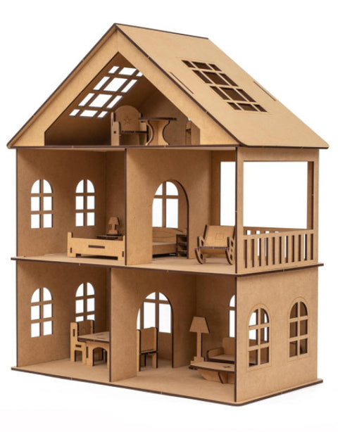 Wooden Toy House with Furniture for Kids (Free Paint Set) - BUYSQUARE